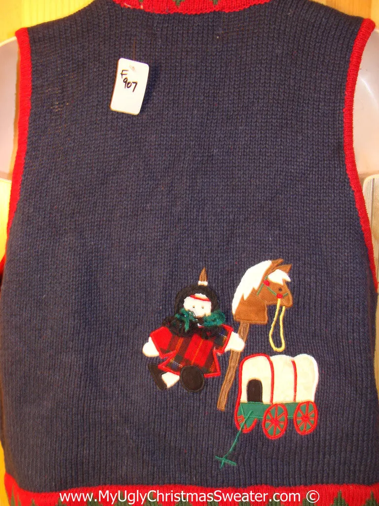Ride 'em Cowboy! Tacky Christmas Sweater Party Ugly Sweater Vest with Cowboy Santa & Horse and Wagon on the Back  (f907)